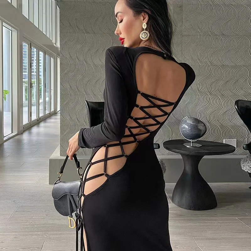 

Spring Summer Backless Dress Clothes Women Sexy Long Sleeve Hollow Out Dress Party Club Bodycon Black Split Long Dresses