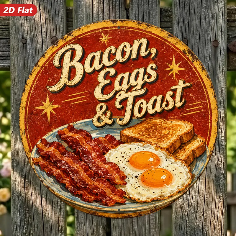 2D Flat, 1pc Round Metal Sign Wall Art, Bacon Eggs Toast Wall Art, Retro Style, Food - Themed, Home Decor, for Kitchen, Dining R