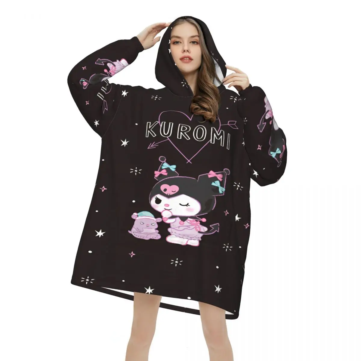 Kuromis Cartoon Cute Oversized Blanket Hoodie Sweatshirt Long Fleece Hooded Wearable Blanket with Large Pocket for Women Men