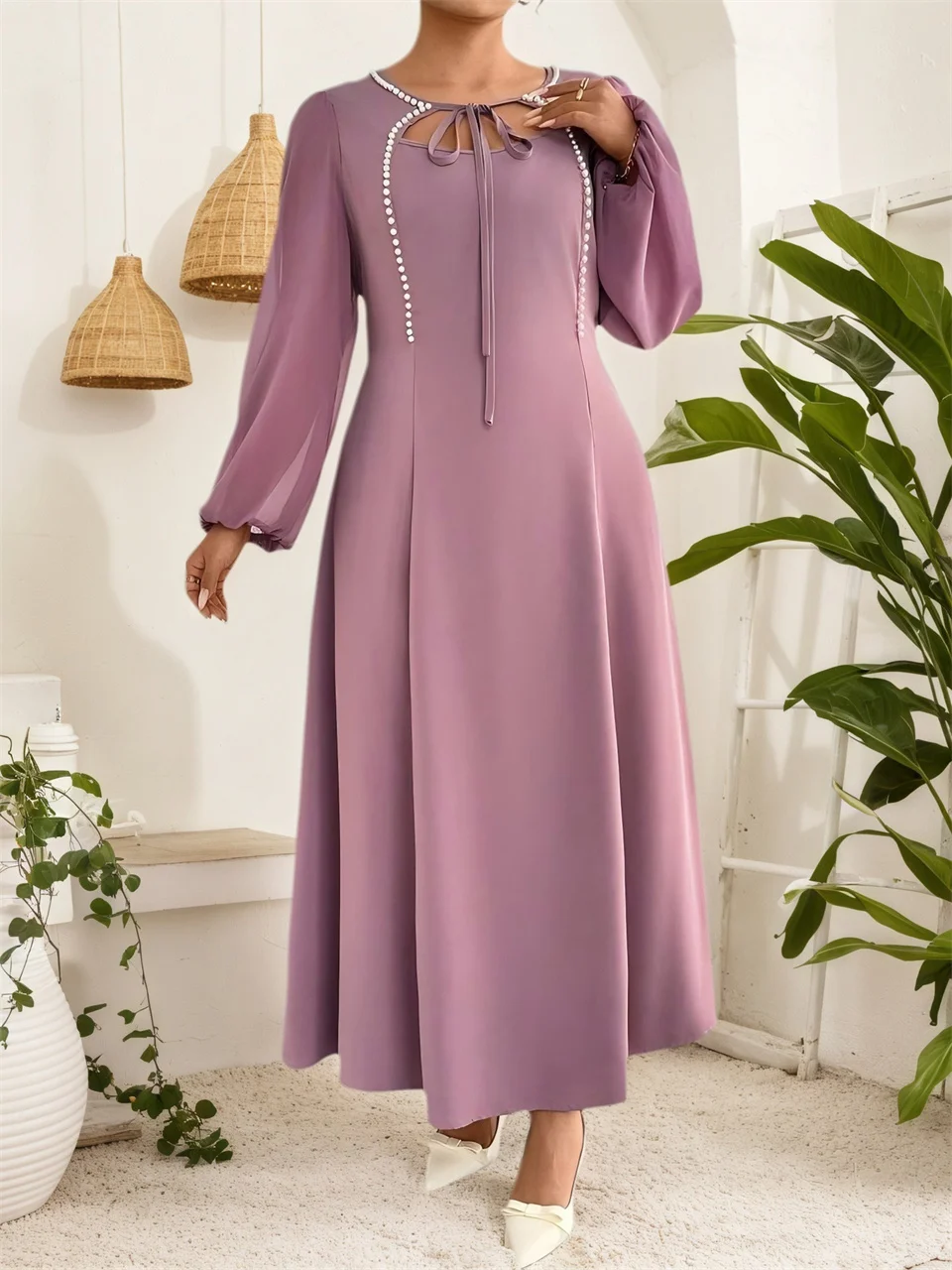 GIBSIE grande taille perle perles cravate cou robe longue élégante 2025 automne nouvelles femmes lanterne manches Vintage fête a-ligne robes