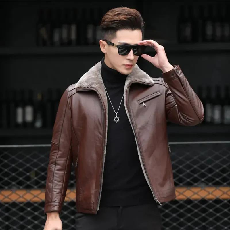 Fashion Slim Fit Short Coat Men Thicken Fur Leather Jacket Solid Color Large Size Casual Turn-down Collar Outwear