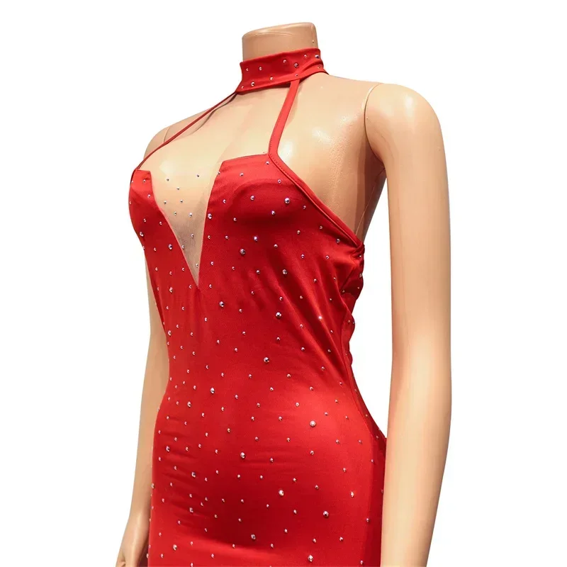 GUWU Glitter คริสตัล Rhinestones ชุดวันเกิดเซ็กซี่ผู้หญิง Sheer ตาข่าย Patchwork Halter Backless Night Club Mini Party Dresses