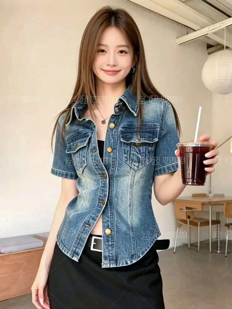 French retro Polo collar short-sleeved denim jacket women's summer 2026 fashion loose single-breasted temperament top