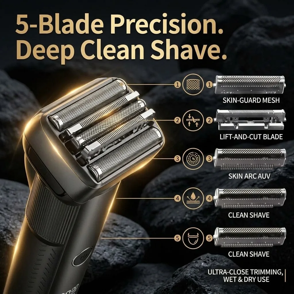Electric Shaver for Men with 5 Precision Blades, Professional Foil Shaver with LED Power Display, IPX6 Waterproof Wet & Dry Cordless Rechargeable Razor, Portable Ergonomic Grooming Kit for Travel