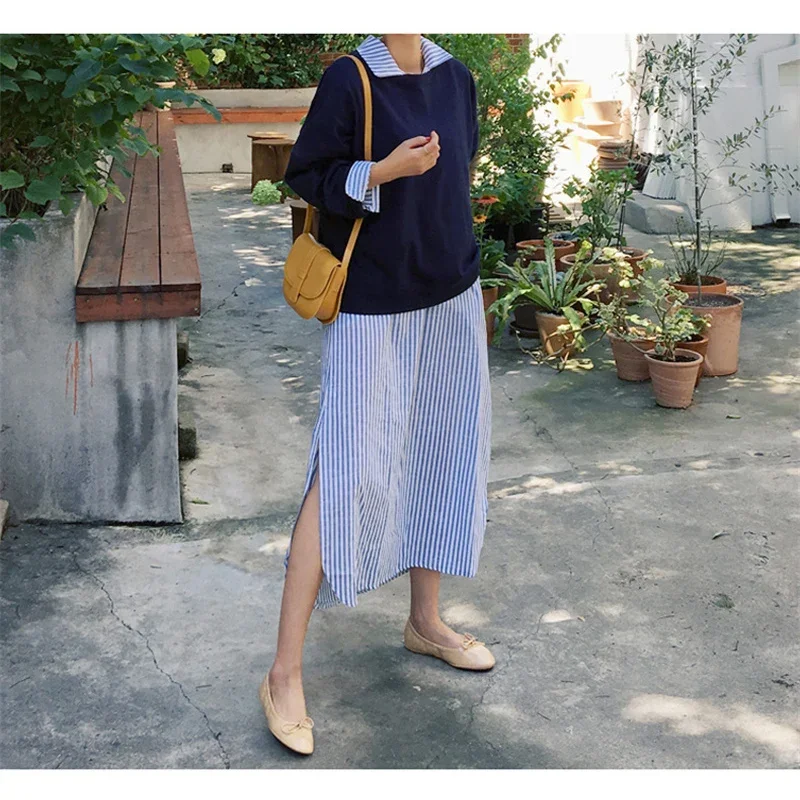 TFETTERS 女性の夏のロングドレス長袖ブルーストライプデザインシャツ襟芸術的なスタイルの女性マキシドレス