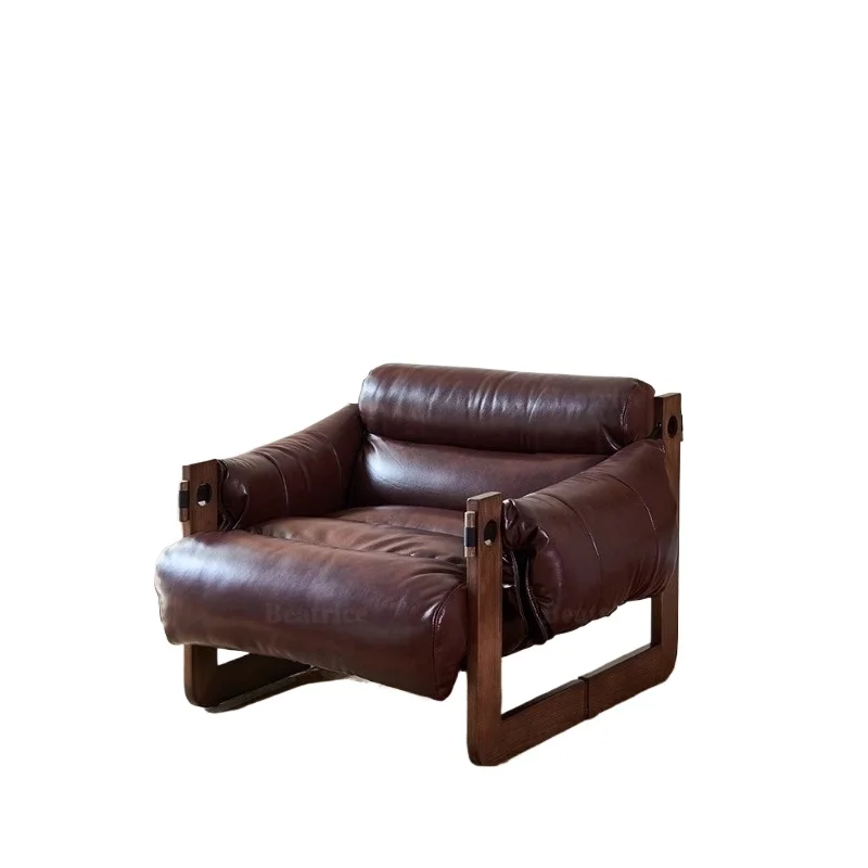 

Single sofa leisure chair retro style solid wood leather chair recliner