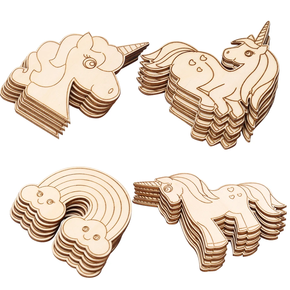 10pcs Unicorn Wooden Crafts DIY Painting Wood Slices Ornaments For Unicorn Birthday Party Decoration Kids DIY Gifts Supplies