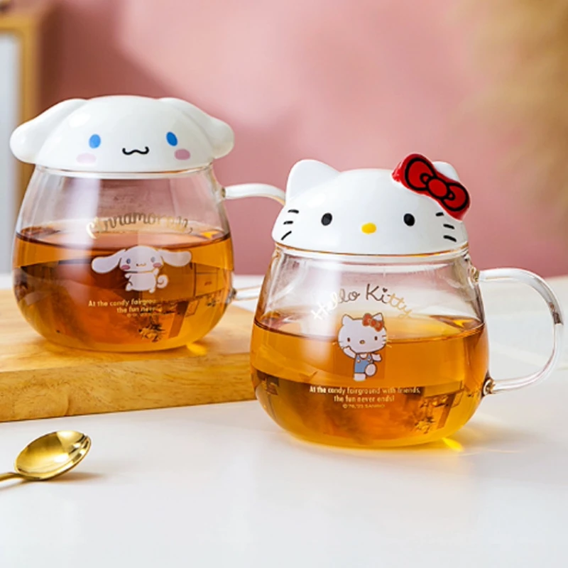 

Kawaii Sanrio Hello Kitty Kuromi Pompompurin Keroppi Cinnamoroll Anime Glass Mugs with Lid Office Home Milk Coffee Cup Drinkware