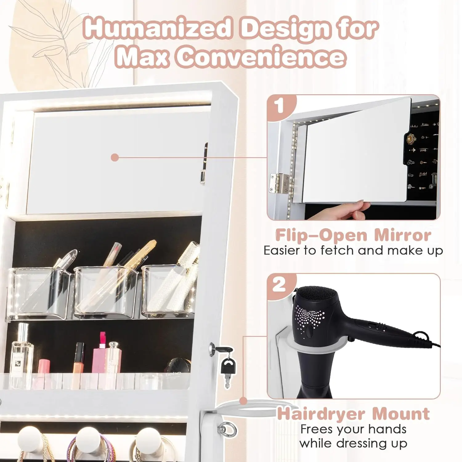 Jewelry armoire side view showing hair dryer holder attachment point