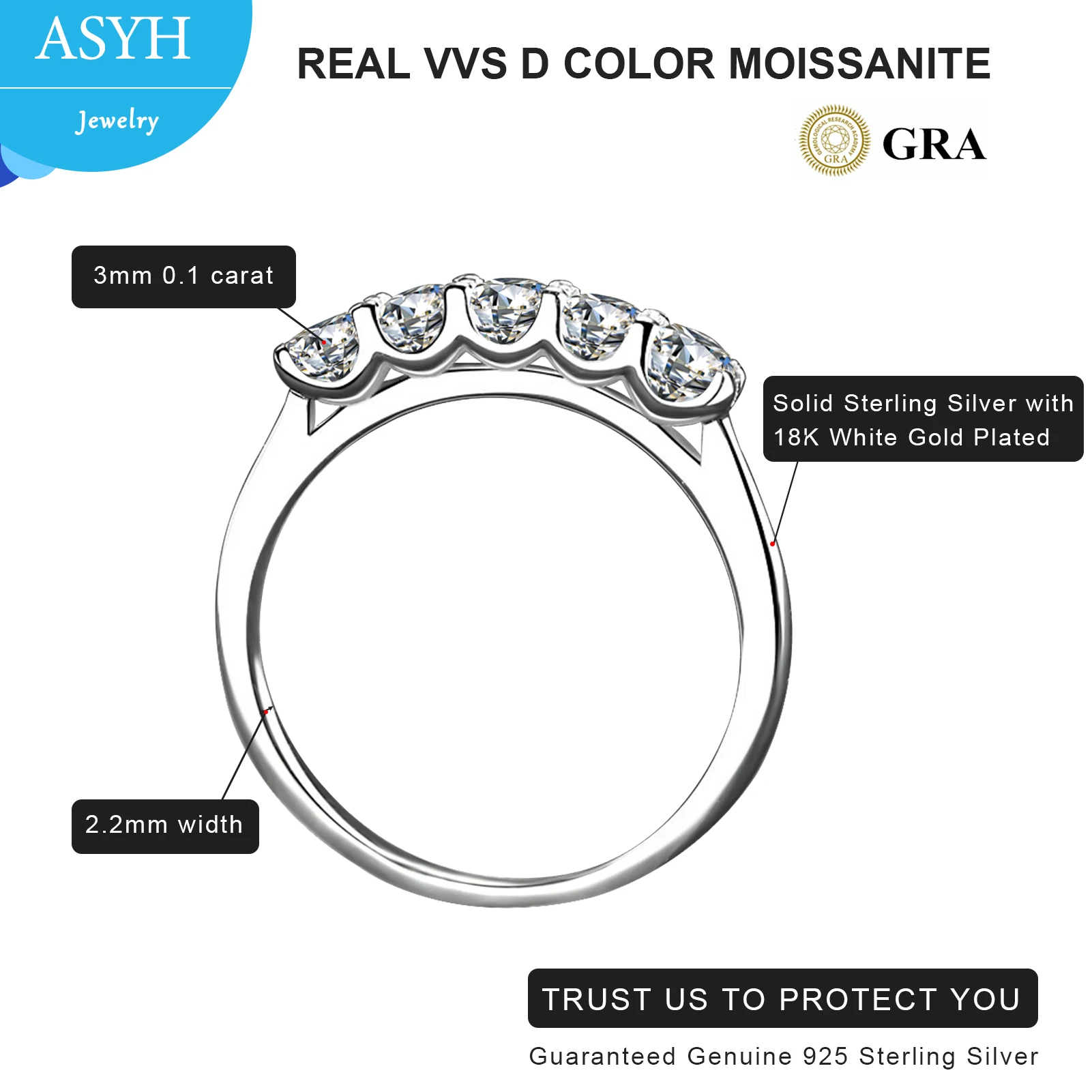 خاتم خاتم زفاف أسيس مويسانيتي 5 أحجار 0.57cttw D اللون مختبر الماس مطلية بالذهب 925 خواتم فضية قابلة للتكديس للنساء