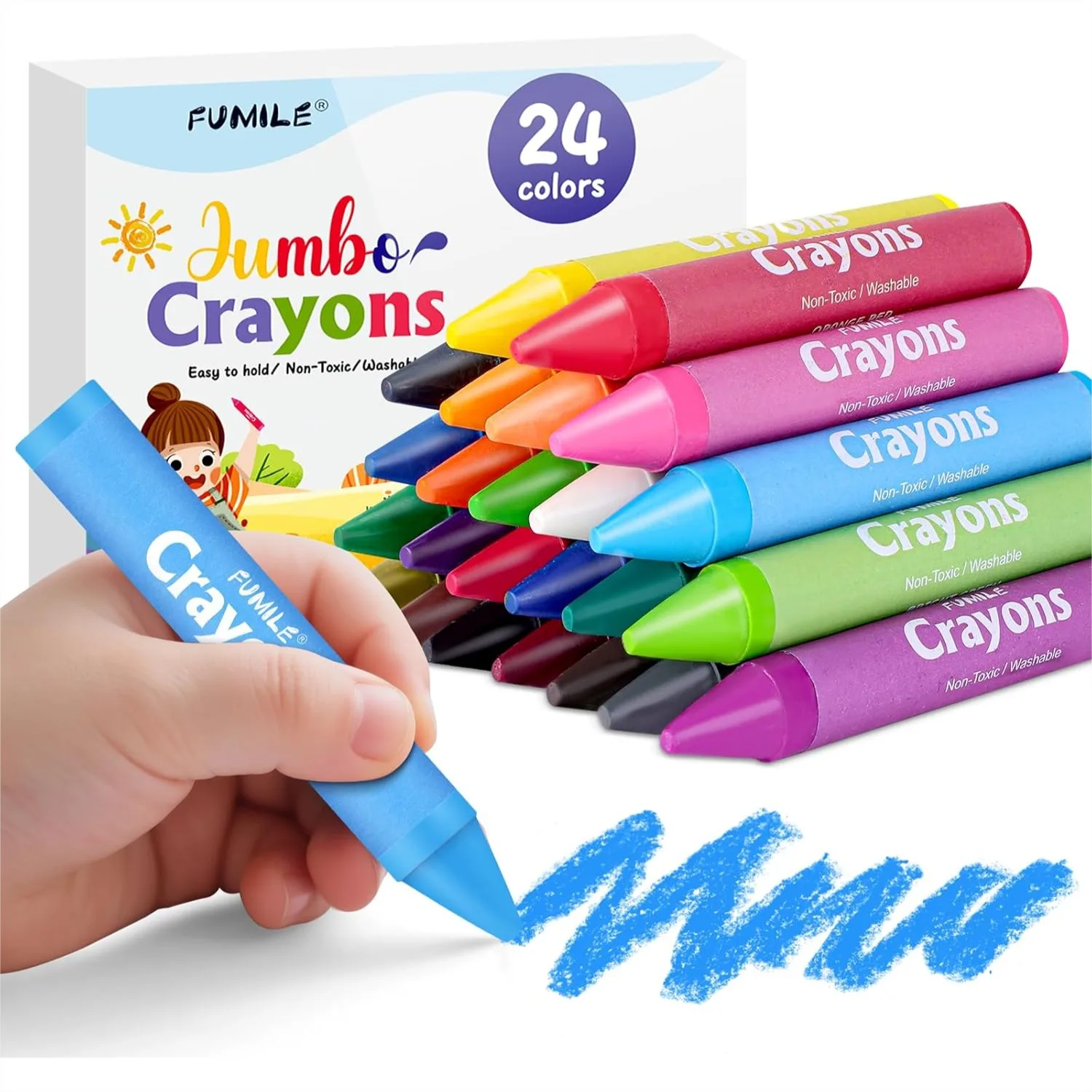 

24 Colors Jumbo Crayons For Toddlers 1-3, Washable Non Toxic Big Crayons For Kids Ages 4-8, Easy To Hold Unbreakable Crayons For Toddler Coloring Art