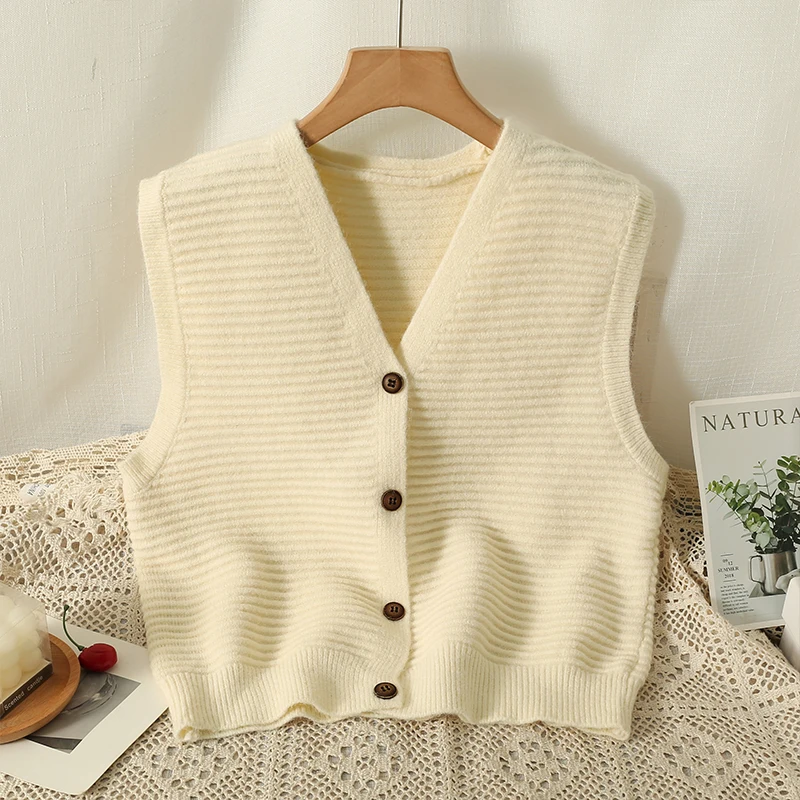 EVNISI Autumn Women Casual Sweater Vest V-Neck Button Up Knitted Cardigan Vest Winter Chic For Women Sleeveless Sweater Vest