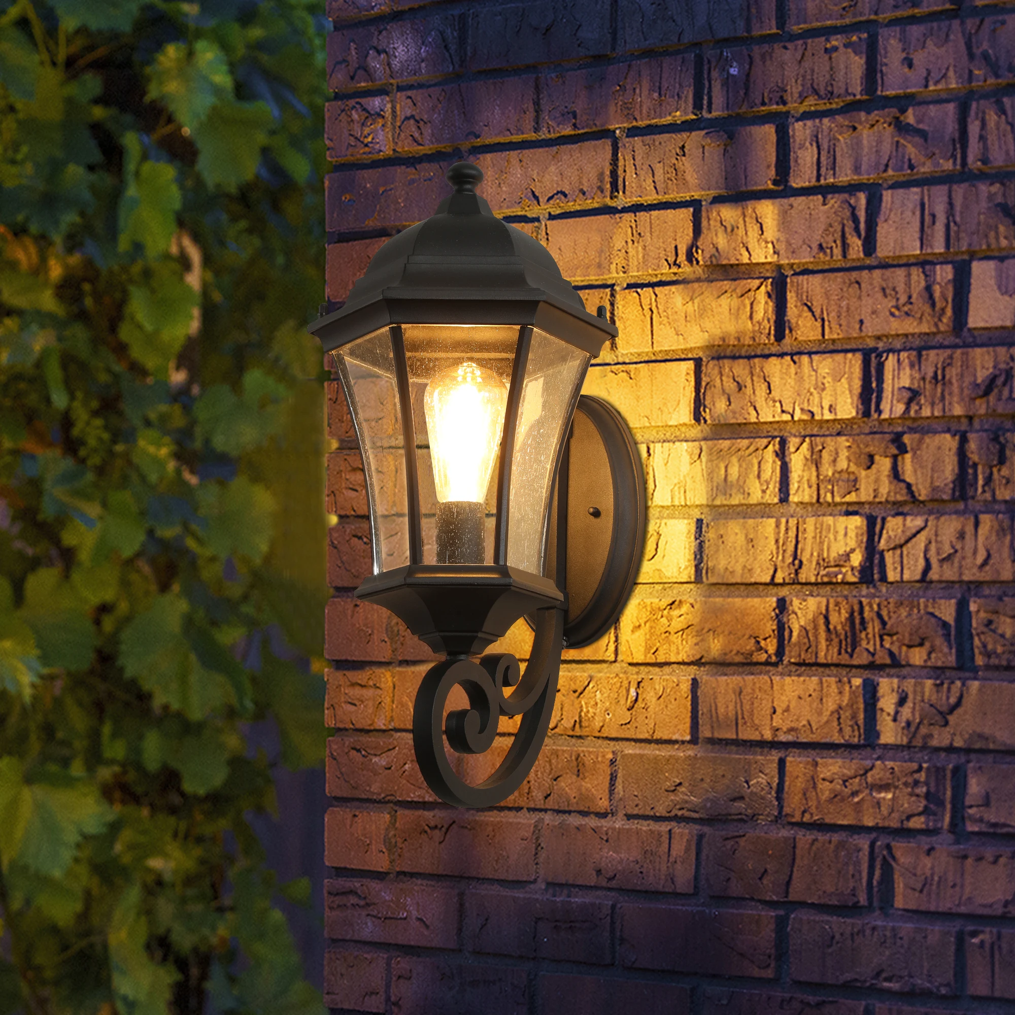 Outdoor Wall Lantern, Black Finish Vintage Style Sconce with Clear Glass Panels, Weather-Resistant Exterior Light Fixture