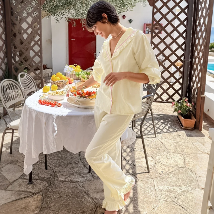 HiLoc Sweet Yellow Inelastic Women'S Pajamas 2 Piece Set Button Down Long Sleeve Ruffle Collar Top Ruffle Hem Full Length Pants