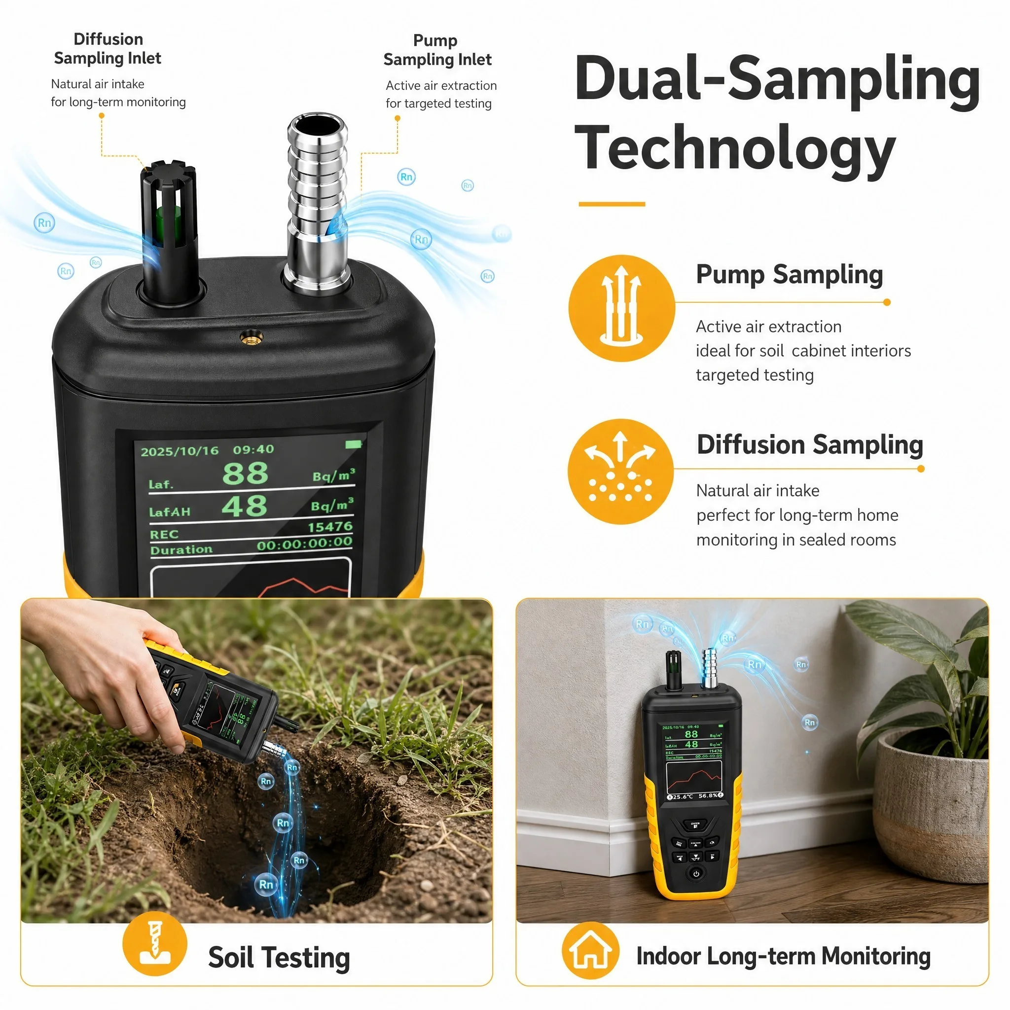 Hold Peak Radon Gas Detector HZ-8101-BQ 0-20000Bq/m³ ±15% Accuracy Pump & Diffusion Dual Mode 3.2