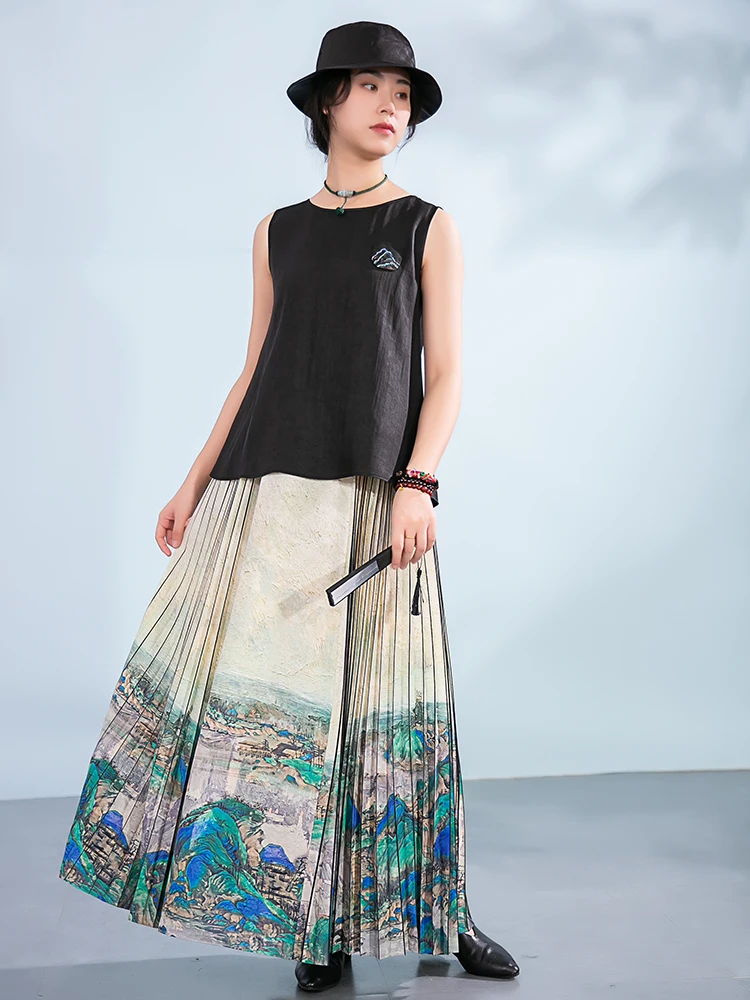 

Новая оригинальная китайская юбка-плиссе в стиле «Гора и вода», длинная юбка, подарок для женщин