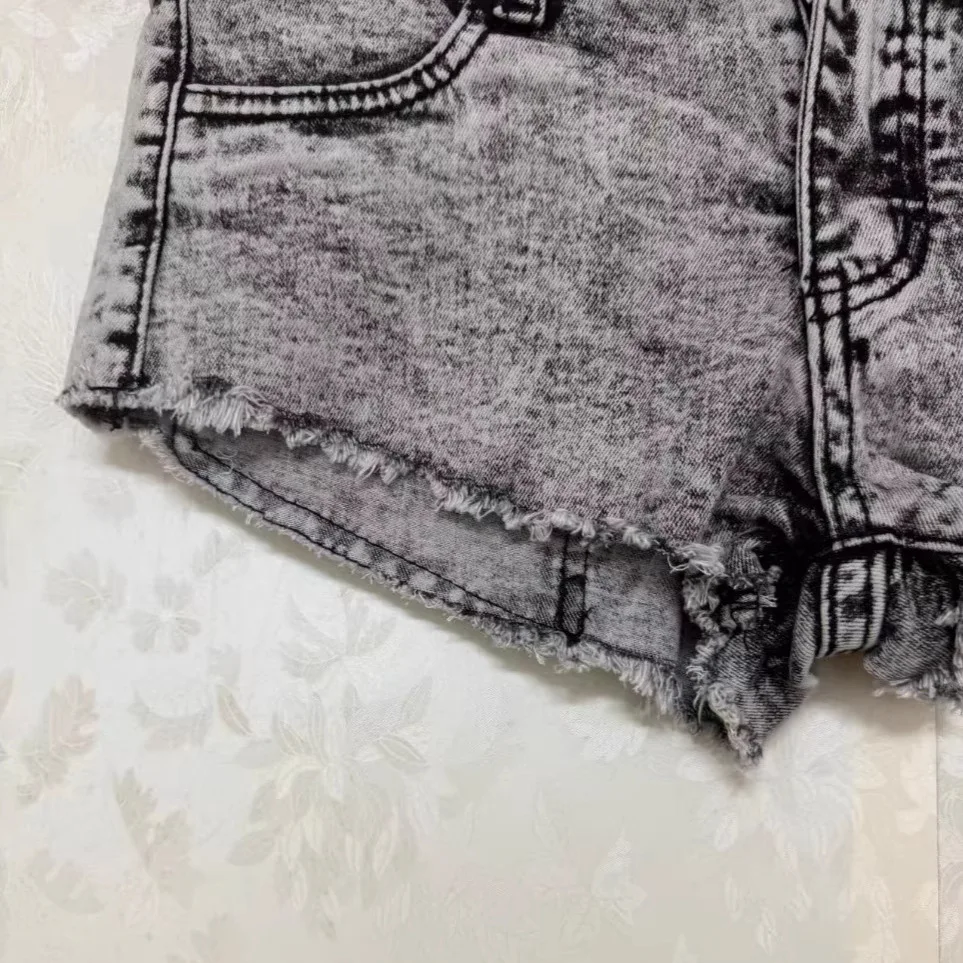 American Hot Girl Smoke Gray Distressed Washed Denim Ultra Shorts Female Summer Low Waist Raw Edge Fringe Sexy Shorts
