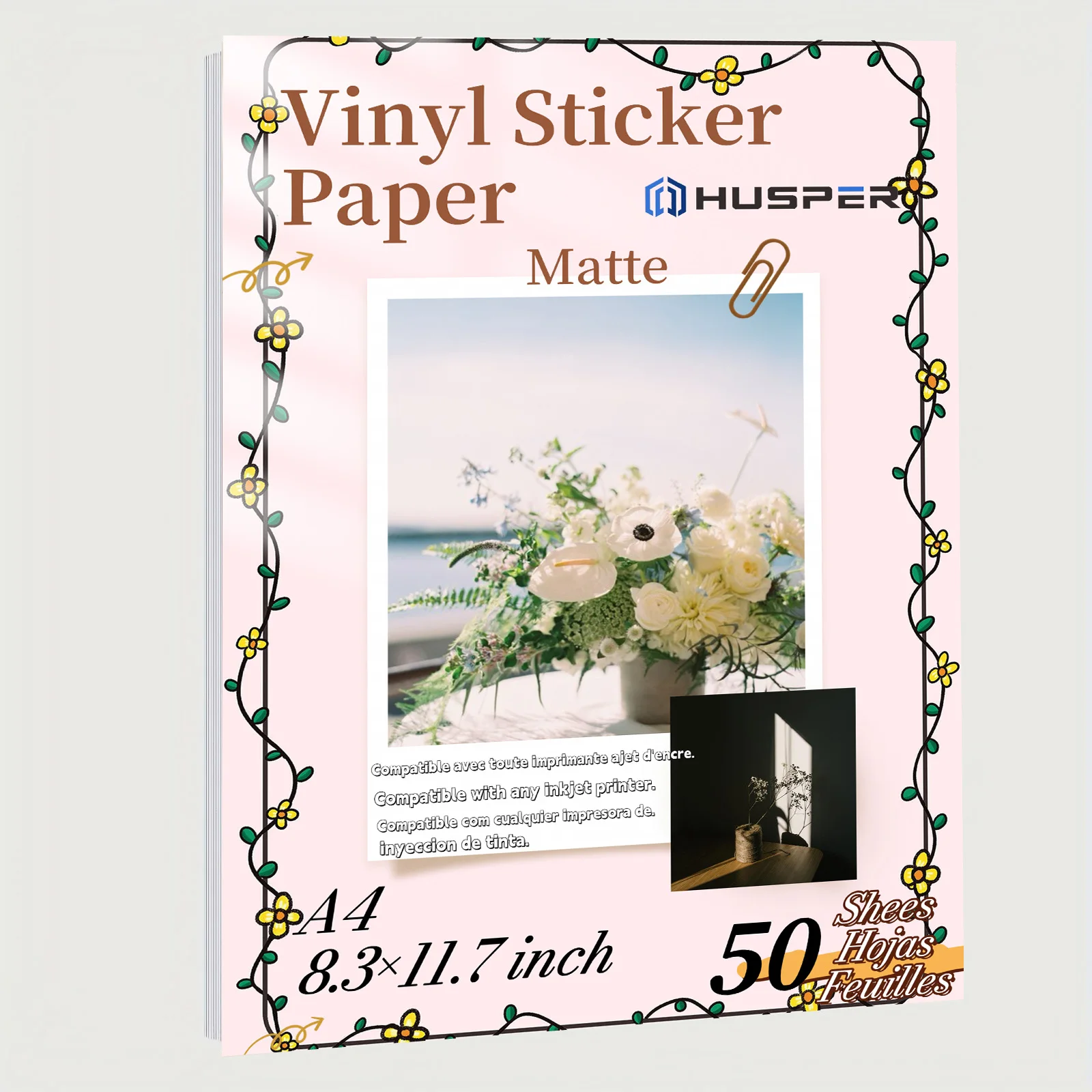 HUSPER 8.3×11.7 inch 50 Sheets Matte Printable Vinyl Sticker Paper waterproof Decal Paper for Inkjet Printer