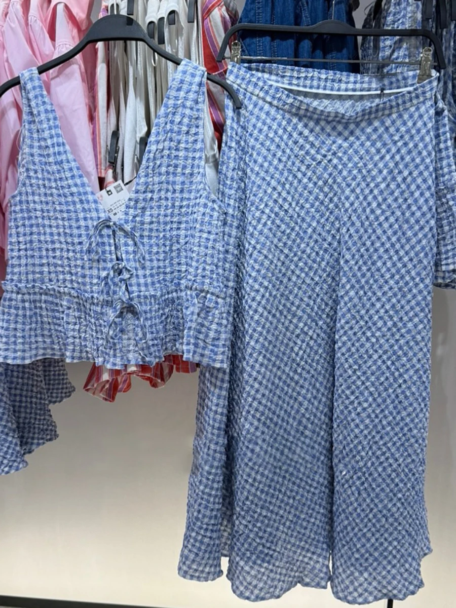 

Blue Plaid Textured 2 Piece Set Women V Neck Lace-up Sleeveless Tank Tops Summer New Casual Fashion Holiday A-line Skirts Sets