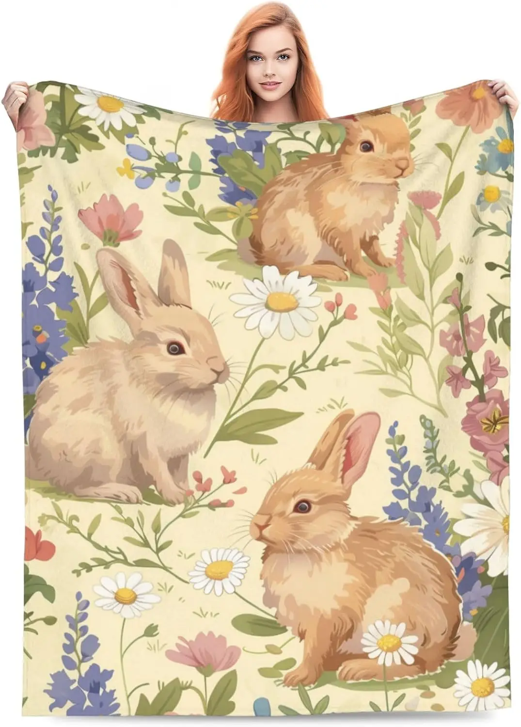 Bunny Blanket for Girls Kids, Flannel Rabbit Blankets Gifts, Floral Daisy Bunny Throw Blanket for Sofa Couch Bed Living Room