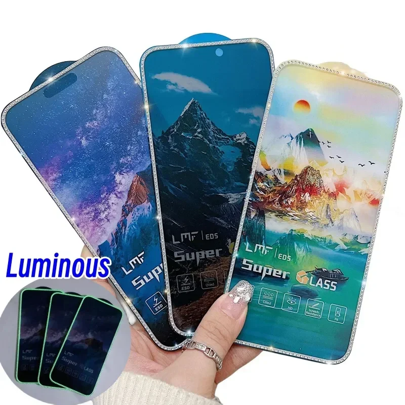 2pieces for iphone luminous Matte Anti-Glare Privacy Anti Spy Diamond Tempered Glass Glitter Night Glowing Screen Protect