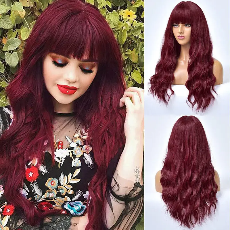 Red Wig With Bangs Long Curly Wavy Wig