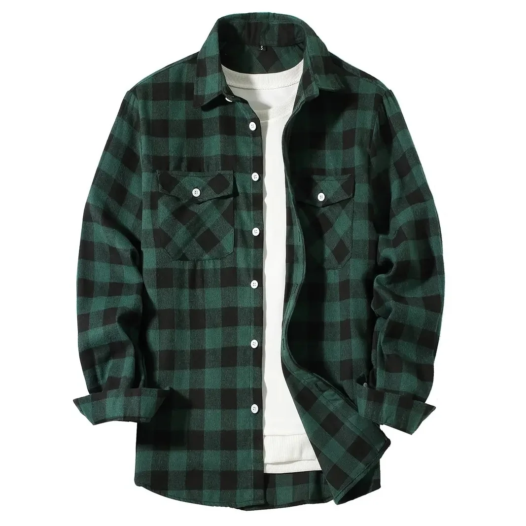 Men\'s Shirts Chest Two Pockets Button-Up Classic Plaid Smart Casual Flannel Shirt Long Sleeved Design Spring Autumn Men Tops