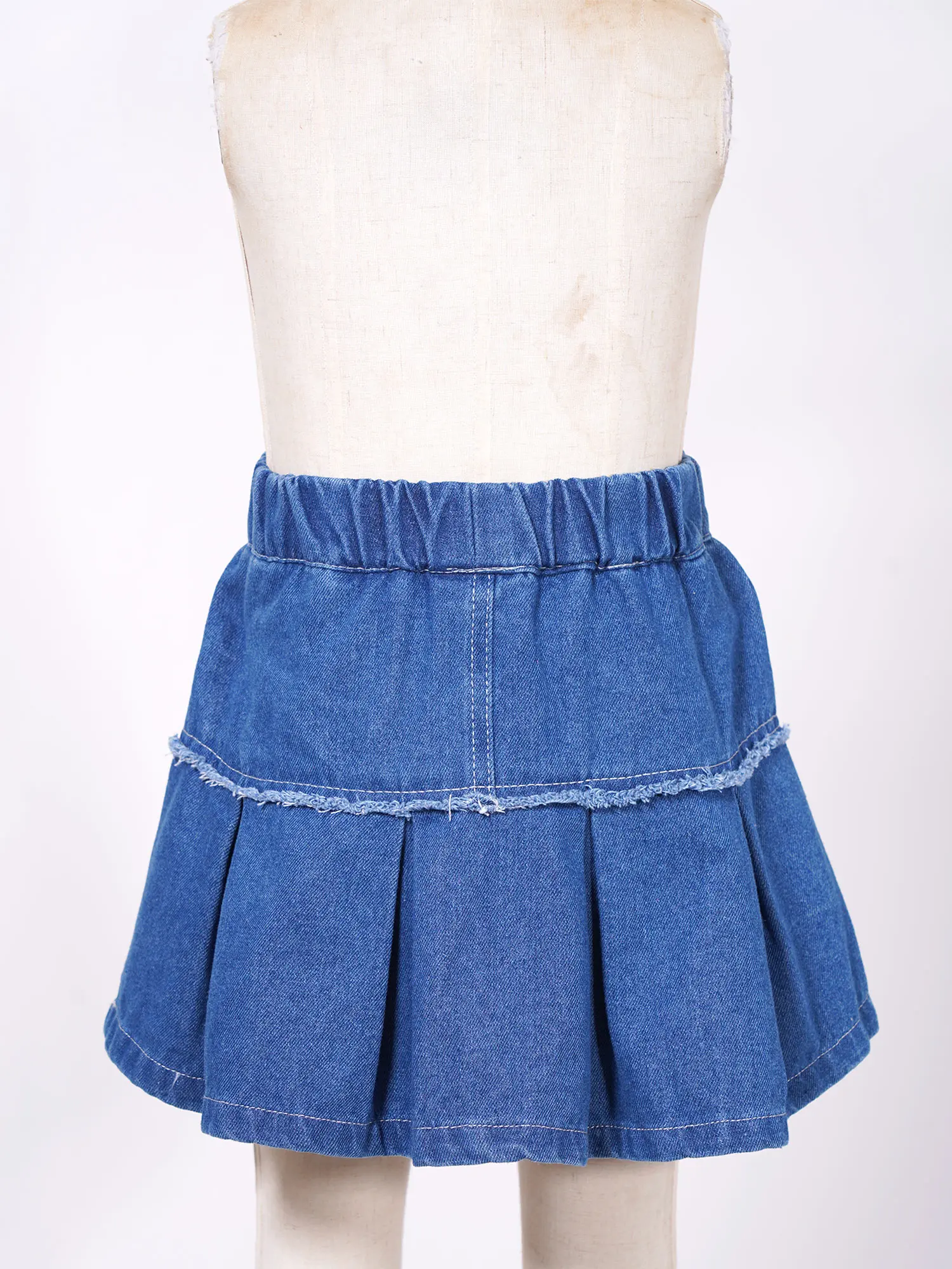 Kids Girls Fashion Pleated Denim Skirts Casual Elastic Waistband A-Line Flared Jean Skirt with Built-In Shorts Children 5-16 Yrs