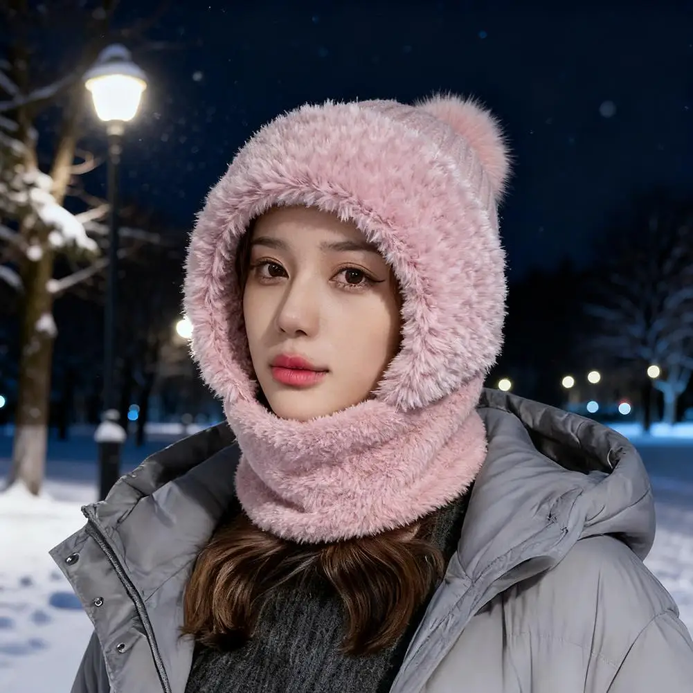 Gorro de punto grueso, bufanda, máscara de una pieza, gorro cálido de invierno para mujer, protección facial completa, pasamontañas a prueba de viento con capucha