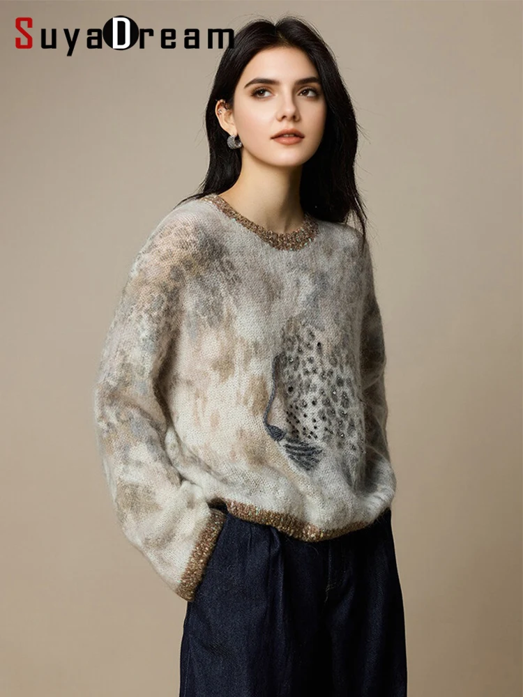 SuyaDream, Woman Mohair Pullovers, Wool Blend Printed Sweaters, Round Collar,  2025 Fall Winter Fashionable Top, Cat Pattern