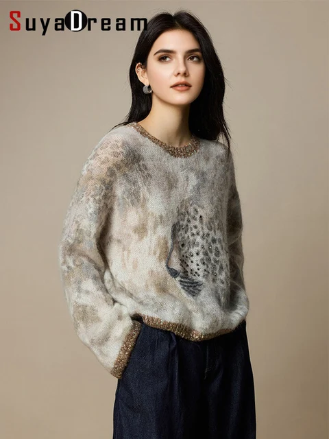 SuyaDream, Jerséis de Mohair para Mujer, Suéteres con Estampado de Mezcla de Lana, Cuello Redondo, Top de Moda Otoño Invierno 2025, Patrón de Gato