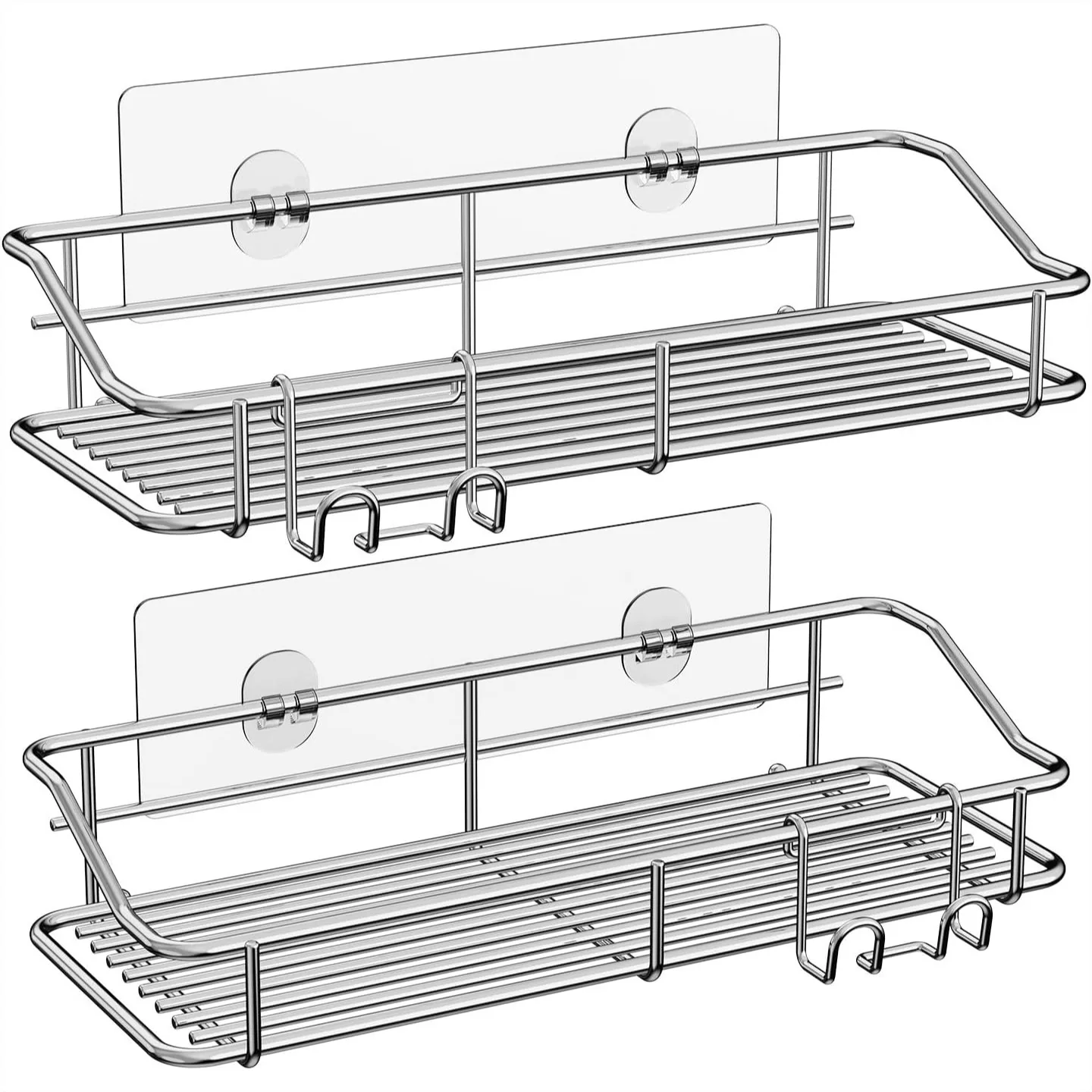 Shower Caddy Shelf Storage Rack Adhesive No Drilling Stainless Steel with Hooks for Bathroom Kitchen 2 Pack
