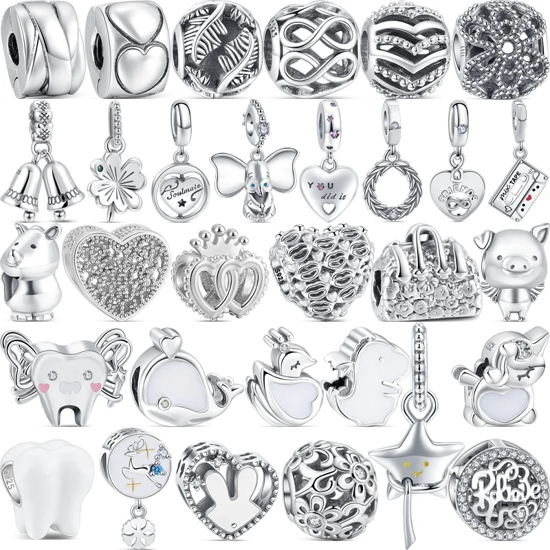 

100% 925 Sterling Silver Simple Clover Crown Flowers Heart Silver Color Beads Fit Original Pandora Charms Bracelet Women Jewelry