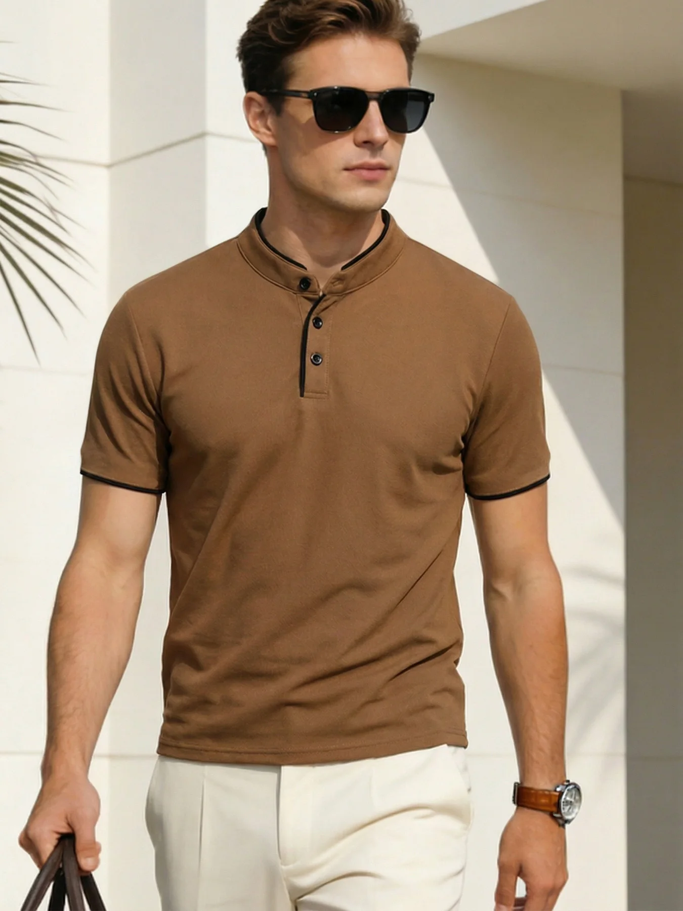 Men Mandarin Collar Polo Shirt Contrast Binding Trim Short Sleeve 3 Buttons Henley Collar T-shirt Business Breathable Daily Tops