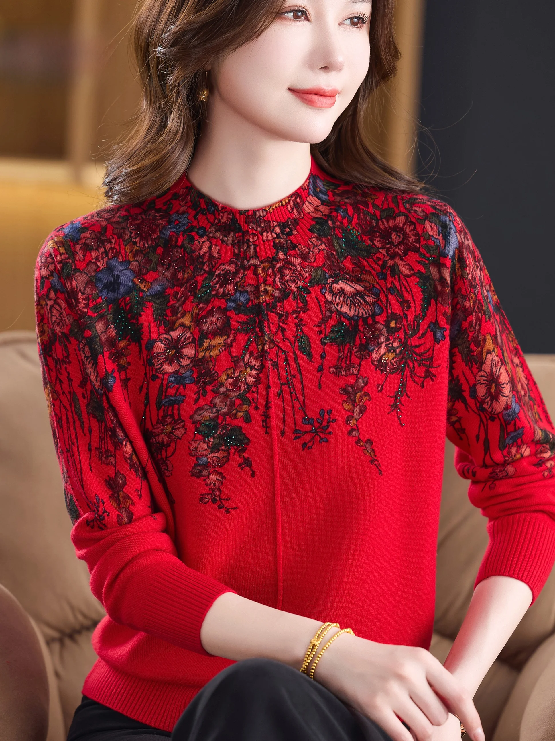 

High Quali Printed f High Collar 00 Pure Wool Loose Base irt Women's Faionable Mommy Clothes Warm Knitwear Sweater