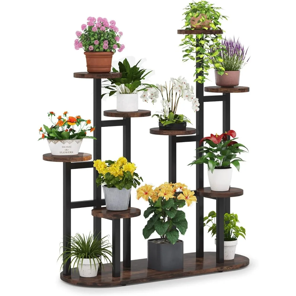 Multi-Tiered 11 Potted Plant Stand Indoor Tall Plant Shelf Flower Stands Plant Rack for Garden Balcony Living Room, Rustic Brown