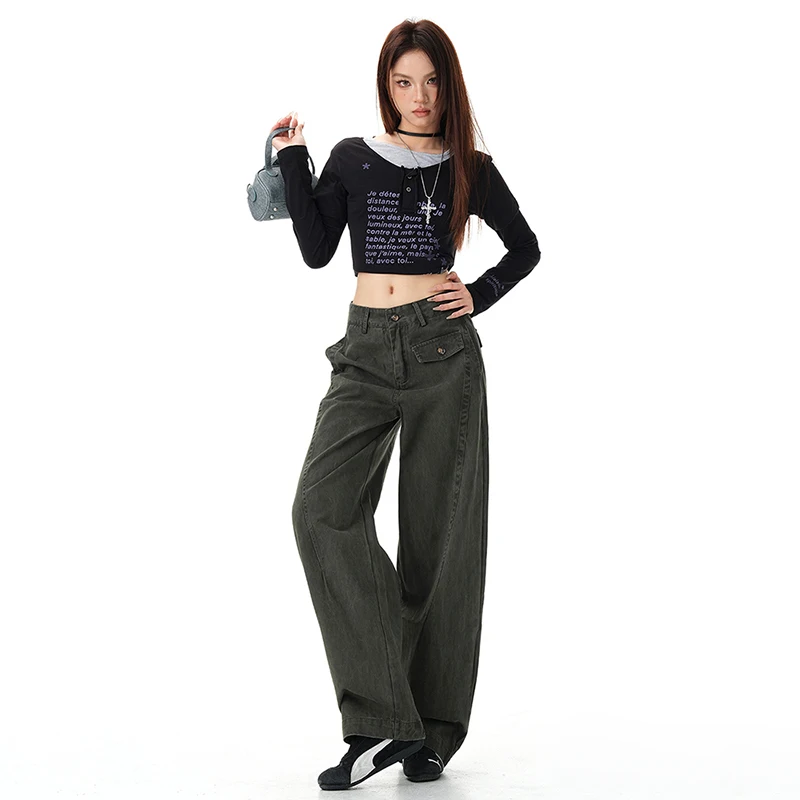 

Маленький дизайн, персонализированный карман, осенний новый стиль, американские джинсы в стиле ретро, прямые брюки, свободные повседневные брюки для женщин.