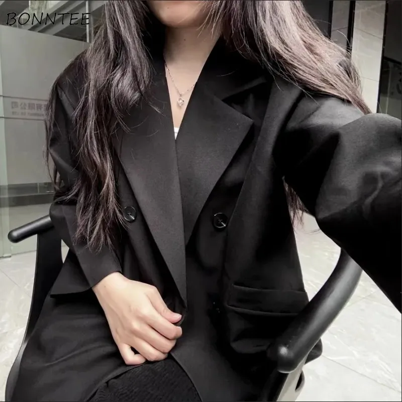 Chic Blazers Women Double Breasted Solid Spring Fall Fashion Loose Long Sleeve Coats Students Pockets Coldproof Soft All-match