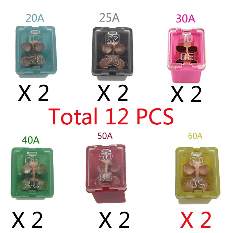 12PCS Low Profile Box Shaped Mini Jcase Fuse Kit - 20A 25A 30A 40A 50A 60A for Pickup Trucks, Cars,SUVs