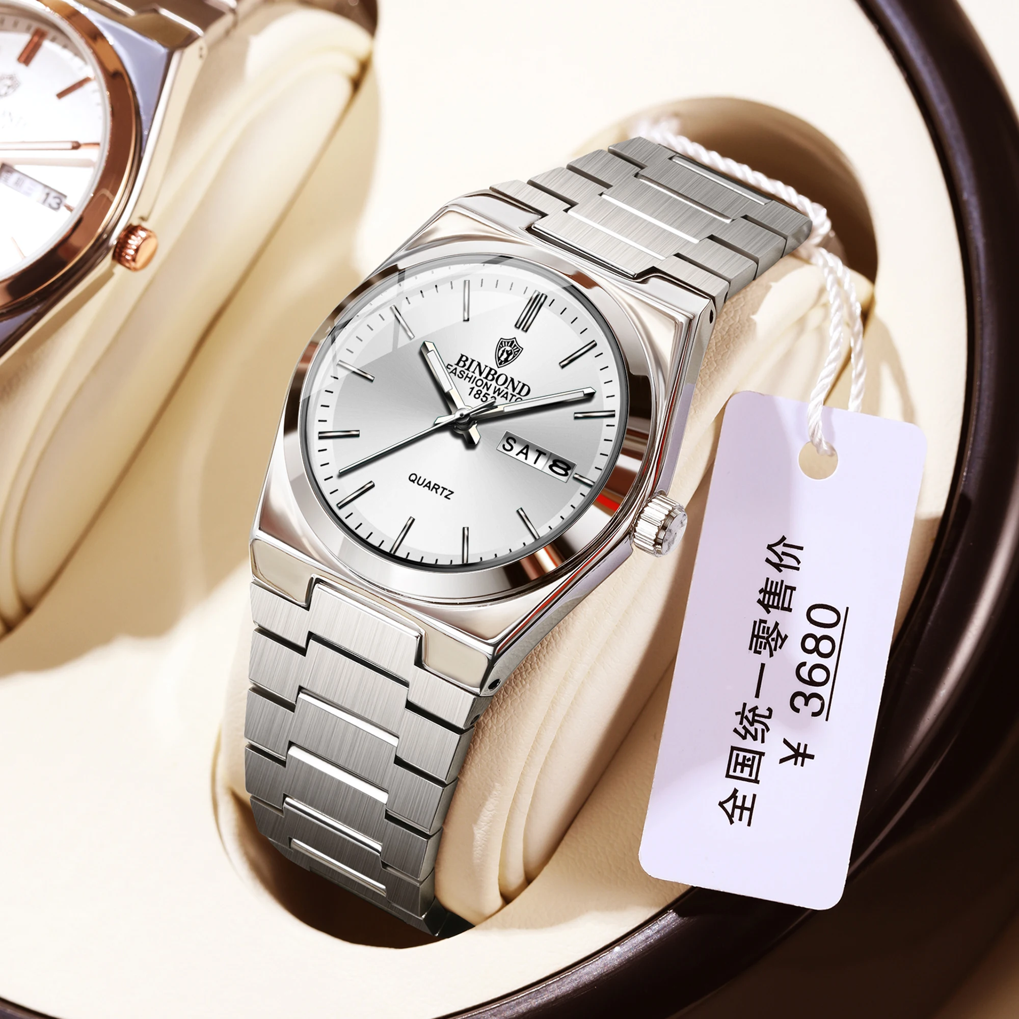 BINBOND Top Brand New Stainless Steel Buckle Women's Business and Leisure Quartz Watch Thin Double Calendar Women's Watch