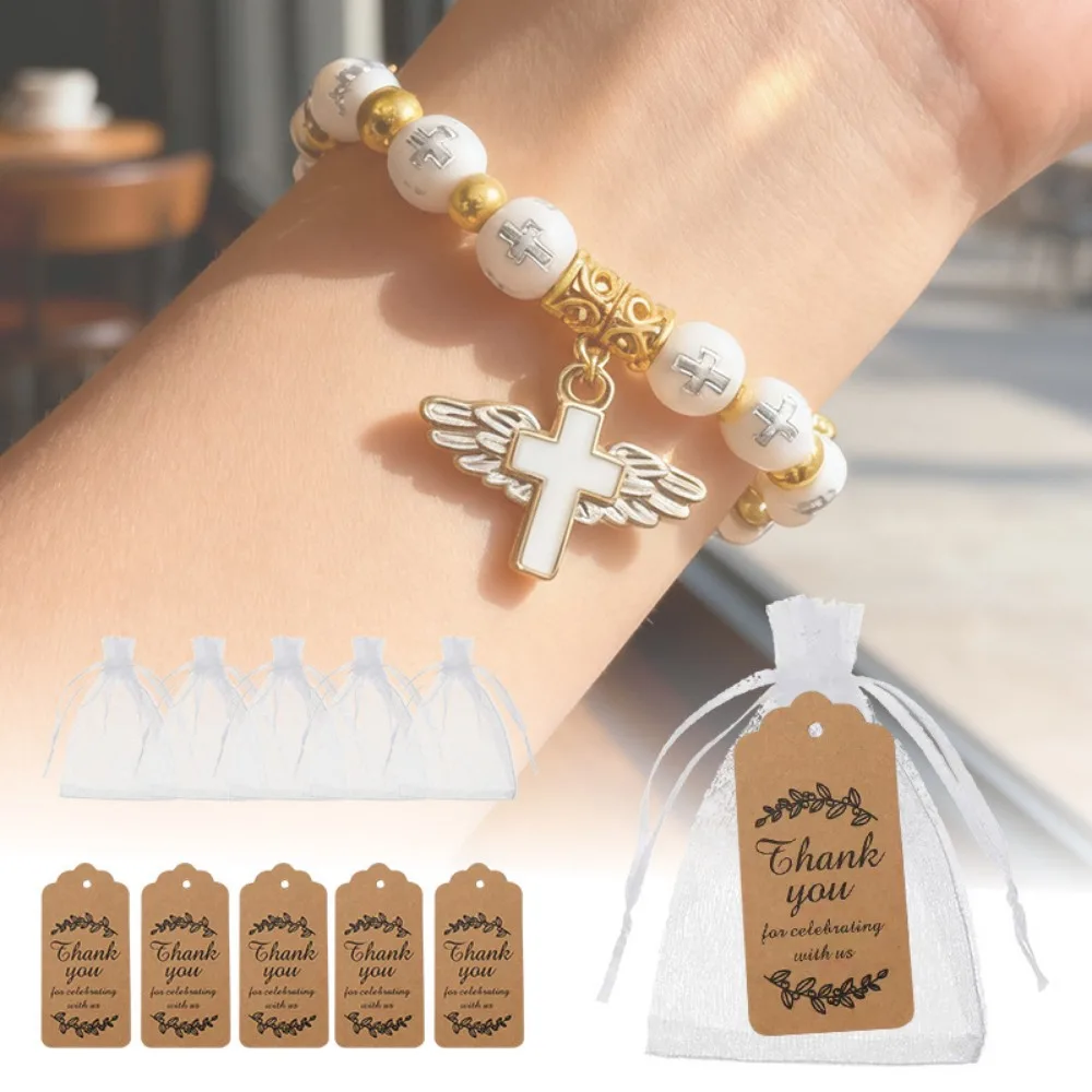 6-24 Juegos de Pulseras Elásticas con Cuentas de Alas de Ángel Cruzadas y Bolsa de Organza con Etiqueta de Agradecimiento, Recuerdo de Regalo para Bautizo, Fiesta Religiosa