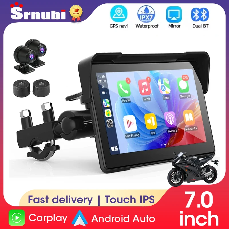 

Srnubi 7" Portable Digital Dashboard Anti Theft Removable Screen Wireless CarPlay Moto Android Auto GPS Motorcycle Navigation