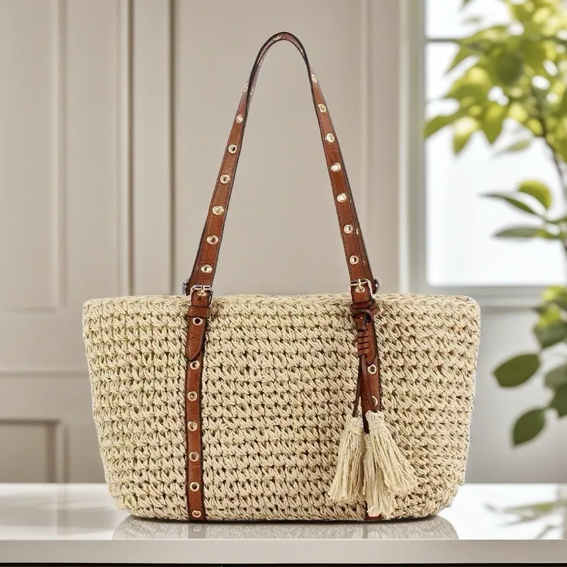 

Летние соломенные пляжные модные женские сумки-тоут, роскошный дизайн, плетеная рафия, отпускная женская сумка, ретро-кошелек на плечо для покупок