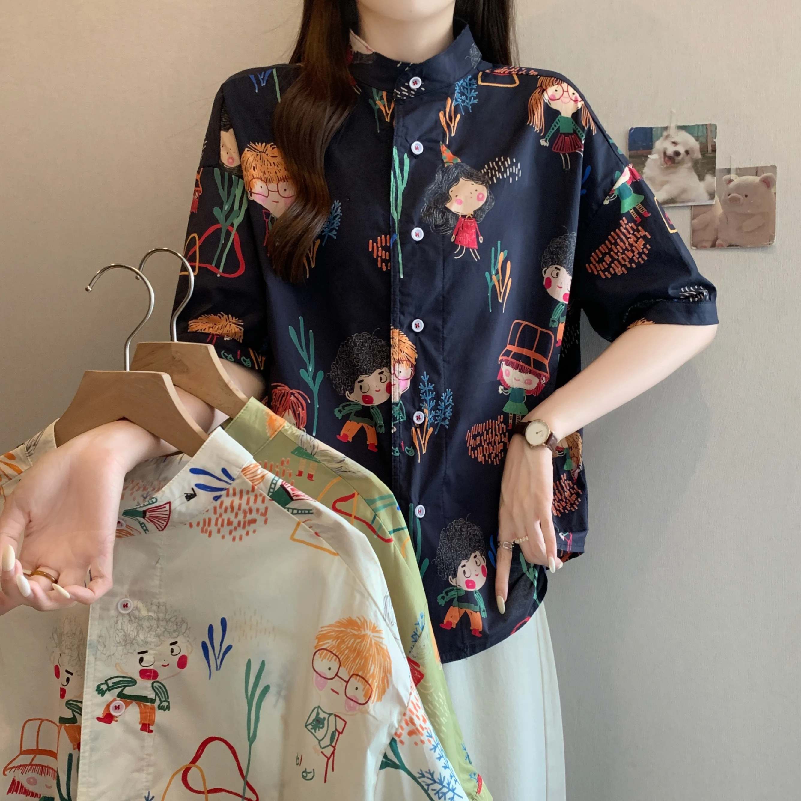 

Summer Women Stand Collar Sweet Cartoon Print Cotton Oversize Loose Single Breasted Tshirt Tops