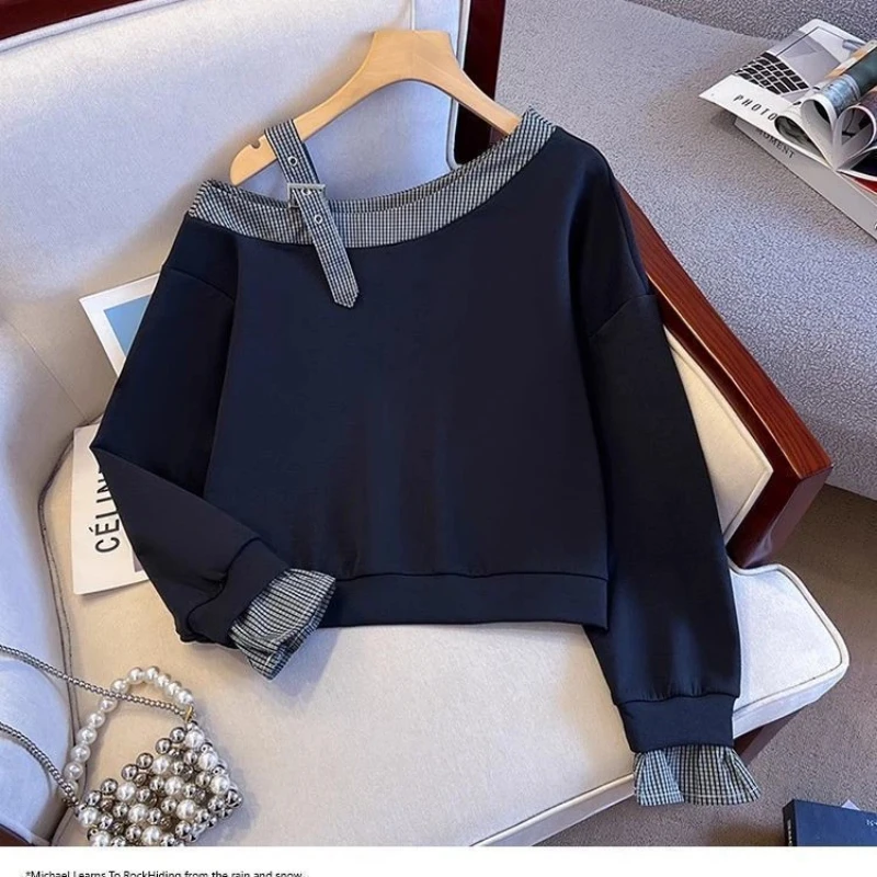 Falso dois listrado oco para fora preguiçoso hoodies moletom primavera outono manga longa solta casual topos moda tendência roupas femininas