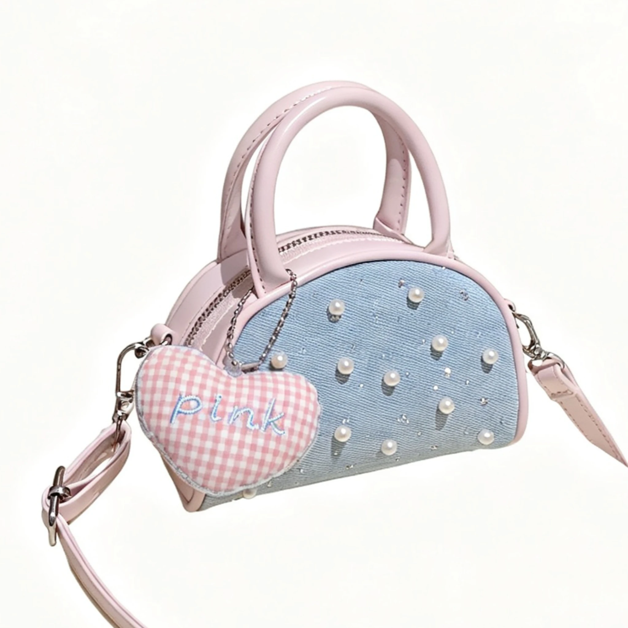 Black White Sliver Pink Pearl Denim Mini Top Handle for Women Girls Cute Heart Gingham Charm Crossbody Shoulder Bag Y2K Purse