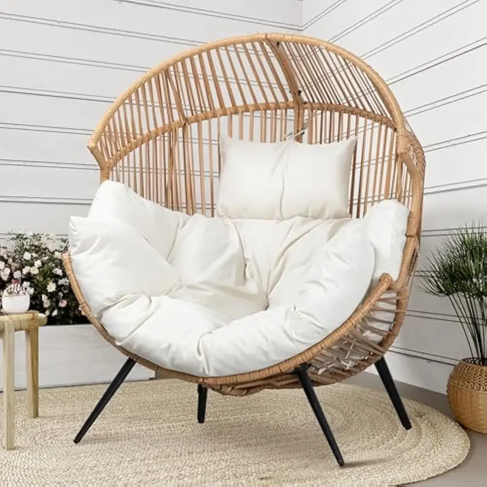 Chaise à œufs suspendue d'une capacité de 350 LBS, avec support et appui-tête avec coussin, chaise à œufs à double chaînes en rotin et osier, pour Patio, porche, chambre à coucher