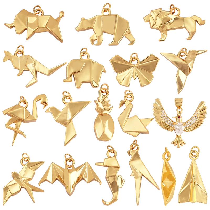 Simple Unique Paper Fold Flamingo Butterfly Lion Bear Elephant Animal Charm Pendant,Gold Plated for Handmade Jewelry Supply L17