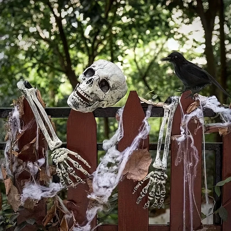 Creepy Halloween Skull Garden Stakes & Fence Hangers, Realistic Skeleton Props for Haunted House Yard, Reusable Party Decor Gift
