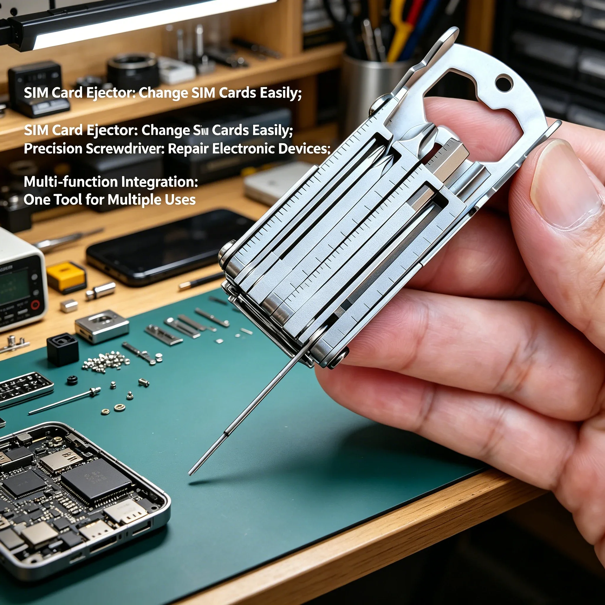 Multi-Function SIM Ejector Keychain Tool - Universal SIM Card Pin with Phone Stand, Screwdriver & Tripod Mount for Travel